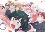  5girls absurdres black_hair breasts bridal_veil brown_hair chinese_commentary cleavage commentary_request confetti darling_in_the_franxx dress everyone eyebrows_visible_through_hair facepalm flower formal futoshi_(darling_in_the_franxx) gloves gorgeous_mushroom gorou_(darling_in_the_franxx) hair_flower hair_ornament highres hiro_(darling_in_the_franxx) horns ikuno_(darling_in_the_franxx) jewelry kokoro_(darling_in_the_franxx) lens_flare miku_(darling_in_the_franxx) mitsuru_(darling_in_the_franxx) multiple_boys multiple_girls open_mouth pink_hair ring running short_dress smile stairs suit veil wedding wedding_dress wedding_ring white_dress white_gloves zero_two_(darling_in_the_franxx) zorome_(darling_in_the_franxx) 