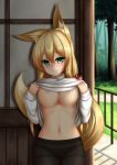  3: animal_ears ass_visible_through_thighs black_legwear blonde_hair blush breasts day embarrassed eyebrows_visible_through_hair fox_ears fox_tail green_eyes hair_between_eyes highres himeka_chiyako large_breasts lifted_by_self long_hair looking_at_viewer maebari minaha_(playjoe2005) navel original pantyhose solo tail tree underboob 