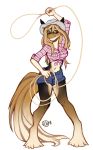  anthro blonde_hair breasts brown_eyes clothed clothing cutoffs denim_shorts equine female hair horse kaitycuddle lasso looking_at_viewer mammal midriff navel pigeon_toed rope shorts simple_background smile solo white_background 