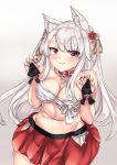  :3 azur_lane bangs bare_shoulders blush breasts bridal_gauntlets claw_pose cleavage closed_mouth commentary_request eyebrows_visible_through_hair fingernails flower gradient gradient_background grey_background groin hair_between_eyes hair_flower hair_ornament highres large_breasts long_fingernails long_hair nail_polish navel panties pleated_skirt red_collar red_eyes red_flower red_nails red_skirt sarashi setu_(shining12) sharp_fingernails side-tie_panties silver_hair skirt solo thick_eyebrows underwear very_long_hair white_background white_flower white_panties yuudachi_(azur_lane) 