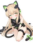  animal_ears arm_strap arm_support bangs between_legs black_leotard blonde_hair blush bow breasts brown_hair cat_ear_headphones cat_ears cat_tail character_name commentary_request damaged eyebrows_visible_through_hair girls_frontline gloves green_eyes groin hair_between_eyes hand_between_legs headphones highres leotard long_hair looking_at_viewer open_mouth ribbon sidelocks solo squatting tail thigh_strap thighs tmp_(girls_frontline) torn_clothes torone_(emerada121) very_long_hair 
