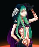  1girl breasts cleavage female gloves gravity_daze gravity_daze_2 green_hair hood long_hair navel solo tattoos tenebria_(gravity_daze) yellow_eyes 