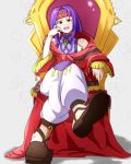  boo_cipher brooch crossed_legs fire_emblem fire_emblem:_akatsuki_no_megami fire_emblem:_souen_no_kiseki headband highres jewelry looking_at_viewer purple_hair sanaki_kirsch_altina sitting smile solo throne yellow_eyes 