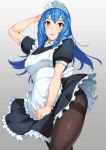  apron blue_hair blush commentary_request drill_hair frills long_hair looking_at_viewer maid maid_apron maid_headdress original pantyhose red_eyes skirt smile solo sugarbeat thighband_pantyhose waist_apron 