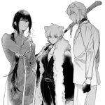  2boys ahoge animal_ears bedivere breasts chinese_clothes cleavage fate/grand_order fate_(series) formal fujimura_taiga fur_trim greyscale hair_over_shoulder jaguarman_(fate/grand_order) long_hair low_ponytail monochrome multiple_boys naginata over_shoulder pants polearm suit very_long_hair wani_(mezo) weapon weapon_over_shoulder yan_qing_(fate/grand_order) 
