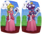  big_breasts blonde_hair blue_eyes breast_expansion breasts butt_expansion clothed clothing crown dress ear_piercing eating female fungi_fauna hair human human_to_humanoid humanoid mammal mario_and_luigi_(series) mario_bros minigun_(artist) nintendo nipples open_mouth piercing princess princess_peach princess_shroob royalty sequence shroob solo standing surprise torn_clothing transformation video_games 