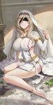  absurdres black_blindfold blindfold blonde_hair blush breasts collarbone covered_nipples goblin_slayer! high_heels highres jewelry large_breasts long_hair necklace no_bra no_panties parted_lips sendrawz sitting solo sword_maiden veil very_long_hair yokozuwari 