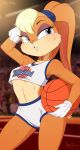  2018 ball basketball blonde_hair blue_eyes breasts clothing female gloves hair lagomorph lola_bunny looney_tunes mammal merunyaa rabbit signature small_breasts solo space_jam sweat tight_clothing warner_brothers 