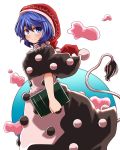  blue_eyes blue_hair blush book capelet commentary doremy_sweet dream_soul dress hat layered_dress looking_at_viewer nightcap pom_pom_(clothes) short_hair smile solo tail tapir_tail touhou yasui_nori 