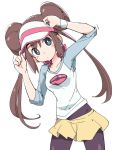  adjusting_clothes adjusting_hat black_legwear blue_eyes blue_sleeves bow brown_hair double_bun dressing hat ixy legwear_under_shorts long_hair loose_clothes mei_(pokemon) pantyhose pink_bow poke_ball_print pokemon pokemon_(game) pokemon_bw2 print_shirt raglan_sleeves shirt short_shorts shorts simple_background solo twintails very_long_hair visor_cap white_background white_shirt yellow_shorts 
