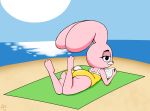  anais_watterson anthro beach book butt cartoon_network clothing cub dr._chaos eyelashes female half-closed_eyes lagomorph looking_at_viewer looking_back lying mammal on_front outside rabbit sea seaside solo sun swimsuit the_amazing_world_of_gumball thick_thighs water young 