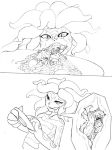  2girls :p camel_(dansen) drooling fangs female giantess issun_(camel) lamia monochrome monster_girl multiple_girls original scales size_difference slit_pupils tentacle_hair uvula vore 