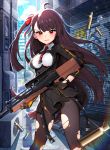  ahoge air_conditioner alley black_dress black_gloves black_legwear blue_sky bow breasts brown_hair bullpup car cloud collared_shirt commentary day dress finger_on_trigger girls_frontline glint gloves ground_vehicle gun hair_bow highres holding holding_gun holding_weapon kuang_(kzhw7588) long_hair long_sleeves medium_breasts mirror motion_blur motor_vehicle one_side_up outdoors pantyhose red_bow red_eyes red_neckwear rifle scope shell_casing shirt sky sniper_rifle solo torn_clothes torn_dress torn_legwear torn_shirt very_long_hair wa2000_(girls_frontline) walther walther_wa_2000 weapon white_shirt 
