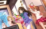  :d blue_coat blue_eyes bouquet brown_eyes brown_hair closed_eyes clothes_around_waist flower flower_request hair_flower hair_ornament happy_new_yeah!_(idolmaster) happy_valentine highres honda_mio hood hoodie idolmaster idolmaster_cinderella_girls idolmaster_cinderella_girls_starlight_stage jacket_around_waist kite looking_at_viewer mimura_kanako multiple_girls official_art open_mouth pants red_flower red_rose ribbed_sweater rose scarf shibuya_rin shorts smile sweater valentine vase white_hoodie white_pants 
