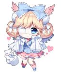  animal apron bag bangs blue_apron blue_bow blue_eyes blue_footwear blush bow chibi closed_mouth collared_dress commission dog double_bun dress eyebrows_visible_through_hair eyepatch feathered_wings full_body hair_between_eyes hair_bow hand_up handbag head_wings heart kneehighs loafers long_sleeves looking_at_viewer maid_apron mechuragi medical_eyepatch original pink_dress pink_legwear pink_wings shoes shoulder_bag side_bun simple_background sleeves_past_fingers sleeves_past_wrists smile solo standing standing_on_one_leg striped striped_bow white_background white_bow white_wings wide_sleeves wings 