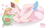  1girl blonde_hair blue_eyes blush breasts cameltoe full_body legs_up lying medium_breasts metroid nintendo nintendo_ds on_back open_mouth r3dfive samus_aran short_hair shorts solo tagme 