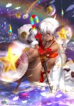  absurdres altera_(fate) altera_the_santa animal bare_shoulders blush boots candy candy_cane collarbone commentary_request dark_skin detached_sleeves earmuffs fate/grand_order fate_(series) food fur-trimmed_mittens fur_trim highres kyjsogom leg_hug long_sleeves mittens red_eyes red_footwear sheep silver_hair sitting solo star veil watermark web_address white_mittens 