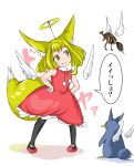 :3 absurdres animal animal_ears bangs bird black_legwear blonde_hair blush commentary_request detached_wings doitsuken dress extra_ears eyebrows_visible_through_hair fake_halo fang_out fox_ears fox_tail halo hands_on_hips head_tilt highres original pantyhose penguin red_dress revision rhinoceros_beetle short_hair smile standing tail wings 