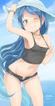  blue_eyes blue_hair blush bracelet breasts cloud cloudy_sky colored_pubic_hair commentary covered_nipples crop_top day earrings eyebrows_visible_through_hair gradient_hair grin hand_on_headwear hat highres jewelry kantai_collection long_hair looking_at_viewer multicolored_hair nipples no_bra no_panties ocean okiraku_nikku one_eye_closed pubic_hair pubic_hair_peek ring samidare_(kantai_collection) short_shorts shorts sky small_breasts smile solo sun_hat very_long_hair wedding_band 