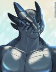  blue_eyes blue_skin dragon fangs horn male muscular shiny shiuk solo teeth 