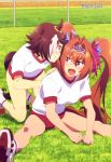  :d absurdres animal_ears antenna_hair blue_scrunchie blush bow breasts brown_eyes brown_hair buruma daiwa_scarlet day eyebrows_visible_through_hair fang grass grin gym_shirt gym_uniform hair_between_eyes hair_bow hair_ornament hair_over_one_eye hair_scrunchie hands_on_another's_back hands_on_floor highres horse_ears horse_girl horse_tail kneeling large_breasts light_brown_hair looking_at_another magazine_scan megami multicolored_footwear multicolored_hair multiple_girls official_art open_mouth outdoors pink_bow race_track red_buruma red_eyes red_footwear scan scrunchie shirt shoes single_stripe sitting small_breasts smile sneakers socks tail teeth tiara two-tone_hair umamusume v-shaped_eyebrows vodka_(umamusume) white_footwear white_hair white_legwear white_shirt yoshii_aoi 