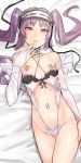  1girl bare_shoulders breasts_outside choker elbow_gloves fate/grand_order fate/hollow_ataraxia fate_(series) headband looking_at_viewer navel_piercing nipple_piercing nipples on_back on_bed piercing purple_hair small_breasts stheno twintails 