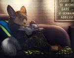  anthro barefoot blue_eyes canine clothing digital_media_(artwork) duo female fox french_text hair koul magenta7 mammal pet rat rodent sitting solo_focus text 