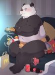 barazoku bear bed beverage blush briefs bulge chips_(food) clothing cold_sweat controller food inside kemono looking_aside male mammal obese overweight panda pocky potato_chips quanjiang sitting solo underwear 