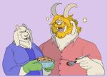  asgore_dreemurr beard boss_monster caprine duo facial_hair fangs food fur horn long_ears mammal nikodavis pie simple_background toriel undertale video_games white_fur 