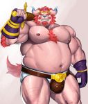  armor belt body_hair chernobog chest_hair clothed clothing crown demon fur gauntlets gloves gogww male melee_weapon musclegut nipples pink_fur skimpy sword tokyo_afterschool_summoners underwear weapon 