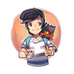  animal animal_on_shoulder artist_name backpack bag bangs baseball_cap black_eyes black_hair blue_shirt cat_on_shoulder closed_mouth cropped_torso hat holding holding_poke_ball kashi_kosugi litten looking_at_viewer male_focus outline poke_ball poke_ball_(generic) pokemon pokemon_(creature) pokemon_(game) pokemon_on_shoulder pokemon_sm shirt short_sleeves smile solo striped striped_shirt sun_(pokemon) swept_bangs upper_body v white_outline 