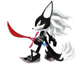  3d_model black_fur black_nose canine cheekfluff clothing footwear fur gloves hair jackal long_ears long_tail looking_at_viewer male mammal melee_weapon nibroc-rock nude shoes solo sword weapon white_hair yellow_eyes 