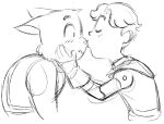  2018 anthro avocato blush cat clothing duo feline final_space fur gary_(final_space) human jadeyarts kissing male male/male mammal sketch 