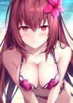 3: absurdres bikini blush breasts cleavage commentary_request covered_nipples eyebrows_visible_through_hair fate/grand_order fate_(series) flower hair_intakes hibiscus highres large_breasts long_hair looking_at_viewer purple_bikini purple_hair red_eyes rin_yuu scathach_(fate)_(all) scathach_(swimsuit_assassin)_(fate) swimsuit v-shaped_eyebrows very_long_hair 