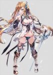  bare_shoulders blonde_hair blue_eyes braid breasts cleavage commentary_request detached_sleeves elf fantasy highres knight large_breasts long_hair navel original pointy_ears rapier solo sword weapon yok01 