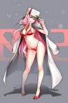  :p adjusting_clothes adjusting_hat arm_up between_breasts bikini breasts cleavage commentary_request darling_in_the_franxx detached_collar green_eyes groin hand_on_headwear hat head_tilt high_heels highres jacket_on_shoulders large_breasts long_hair looking_at_viewer navel necktie necktie_between_breasts orange_neckwear parted_lips peaked_cap pink_hair red_bikini red_footwear shoes solo standing suishougensou swimsuit tongue tongue_out very_long_hair white_coat white_collar white_hat zero_two_(darling_in_the_franxx) 