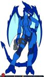  2_toes 3_fingers alternate_species anthro blue_body breasts dragon female grin gun handgun holster membranous_wings metroid nintendo orange_eyes pistol predaguy ranged_weapon samus_aran smile solo space_dragon_(metroid toes video_games weapon wings xvarchonvx yellow_sclera zero_suit 