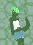  amphibian anthro breasts clothed clothing crocodilianbooty female freckles green_hair hair half-closed_eyes hi_res navel salamander scalie simple_background solo 