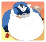  artisipancake belly big_belly blue_fur canine food fox fur hyper hyper_belly illford male male_pred mammal moobs obese oral_vore overweight pizza vore 