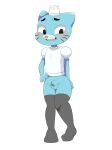  alternate_version_at_source anthro balls blush bottomless cartoon_network cat claws clothed clothing crossdressing cub embarrassed feline gumball_watterson legwear male mammal penis retroyena simple_background solo standing stockings sweat the_amazing_world_of_gumball young 