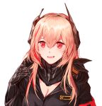  armband bangs black_gloves blush fangs girls_frontline gloves hair_between_eyes hand_up headgear jacket long_hair looking_at_viewer m4_sopmod_ii_(girls_frontline) multicolored_hair open_mouth pink_hair prosthesis prosthetic_arm red_eyes scarf sidelocks silence_girl simple_background smile solo streaked_hair white_background 