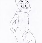  2018 anthro balls cartoon_network cat cub embarrassed erection feline fur gumball_watterson male mammal monochrome navel nekkofox penis simple_background sketch solo standing the_amazing_world_of_gumball young 