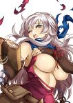  bag bare_shoulders black_gloves blue_scarf blush book bracelet breasts covering covering_breasts dress elbow_gloves fingerless_gloves fire_emblem fire_emblem:_akatsuki_no_megami fire_emblem_heroes gloves hair_ribbon half_updo highres jewelry kaorihero large_breasts long_hair magic micaiah one_eye_closed ribbon satchel scarf silver_hair sleeveless sleeveless_dress solo torn_clothes underboob yellow_eyes 