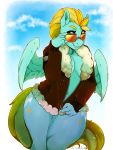  2018 anthro anthrofied arnachy breasts clothing cloud cutie_mark digital_media_(artwork) equine eyewear feathered_wings feathers female friendship_is_magic hair hi_res jacket lightning_dust_(mlp) looking_at_viewer mammal multicolored_hair my_little_pony navel pegasus sky smile solo sunglasses two_tone_hair wings 