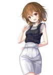  alternate_costume black_blouse blouse breasts brown_eyes brown_hair fang ikazuchi_(kantai_collection) kantai_collection open_mouth short_hair shorts simple_background small_breasts solo teenage white_background yatsu_seisakusho 