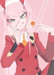  bangs blue_eyes breasts buttons candy closed_mouth darling_in_the_franxx eyebrows eyebrows_visible_through_hair eyelashes food g_perarikku hairband hand_on_own_face head_tilt holding horns lollipop long_hair long_sleeves looking_at_viewer oni_horns pink_hair red_shirt ringed_eyes shirt small_breasts smile solo straight_hair tongue tongue_out turtleneck very_long_hair white_hairband zero_two_(darling_in_the_franxx) 
