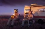  5_fingers alcohol anthro beverage breaking_bad canine day detailed_background duo grass grey_nose koul male mammal mask outside pink_nose sitting sky wolf 