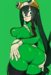  :&gt; ass ass_grab ass_support asui_tsuyu bad_id bad_twitter_id black_eyes bodysuit boku_no_hero_academia breasts commentary deep_skin english_commentary eyes_visible_through_hair frog_girl from_behind goggles goggles_on_head green green_background green_bodysuit hair_between_eyes hair_rings highres long_hair long_tongue looking_at_viewer looking_back low-tied_long_hair medium_breasts shiny shiny_clothes shiny_hair shiny_skin simple_background skin_tight slugbox solo spread_ass tongue tongue_out 