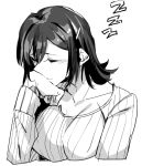  alternate_hairstyle asakawa_(outeq) blush breasts closed_eyes closed_mouth collarbone cropped_torso elbow_rest greyscale hair_down hair_ornament hairclip kantai_collection long_hair monochrome ribbed_sweater simple_background sleeping sleeping_upright solo souryuu_(kantai_collection) sweater white_background zzz 
