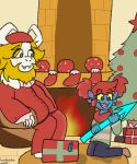  anthro asgore_dreemurr boss_monster caprine child christmas clothed clothing duo female festive fin fireplace fish gift goat goatboyalex holidays humanoid legwear male mammal marine melee_weapon pigtails polearm santa_claus spear stockings tree undertale undyne video_games weapon young 